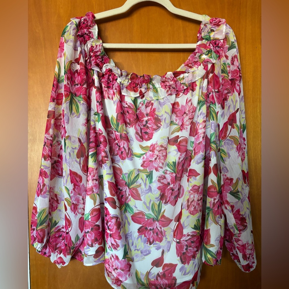 INC International Concepts Floral Blouse, Romantic Ruffle Neck, Boho Spring Top